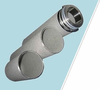 Two titanium powder filter elements without connectors and one with connector