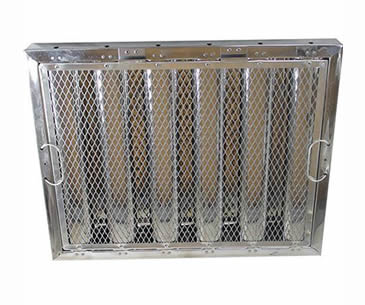 A roll form stainless steel baffle grease filter with two fold flat handles and expanded mesh