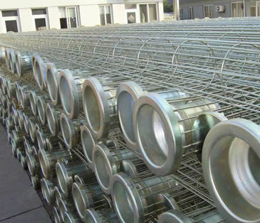 Many round shape galvanized filter bag cages in stock yard