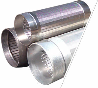 Two different size stainless steel wedge wire filter tubes and one galvanized wedge wire filter element